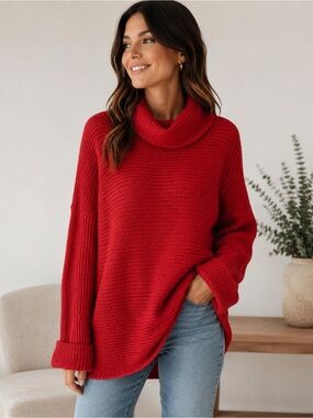 Pilcro Anthropologie Red Cowl Neck Chunky Knit Sweater Oversized Large Cozy